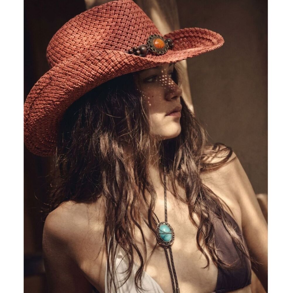 NEW Woven Red Straw Western Hat Decorative Beaded Accent OS Beach Western Boho